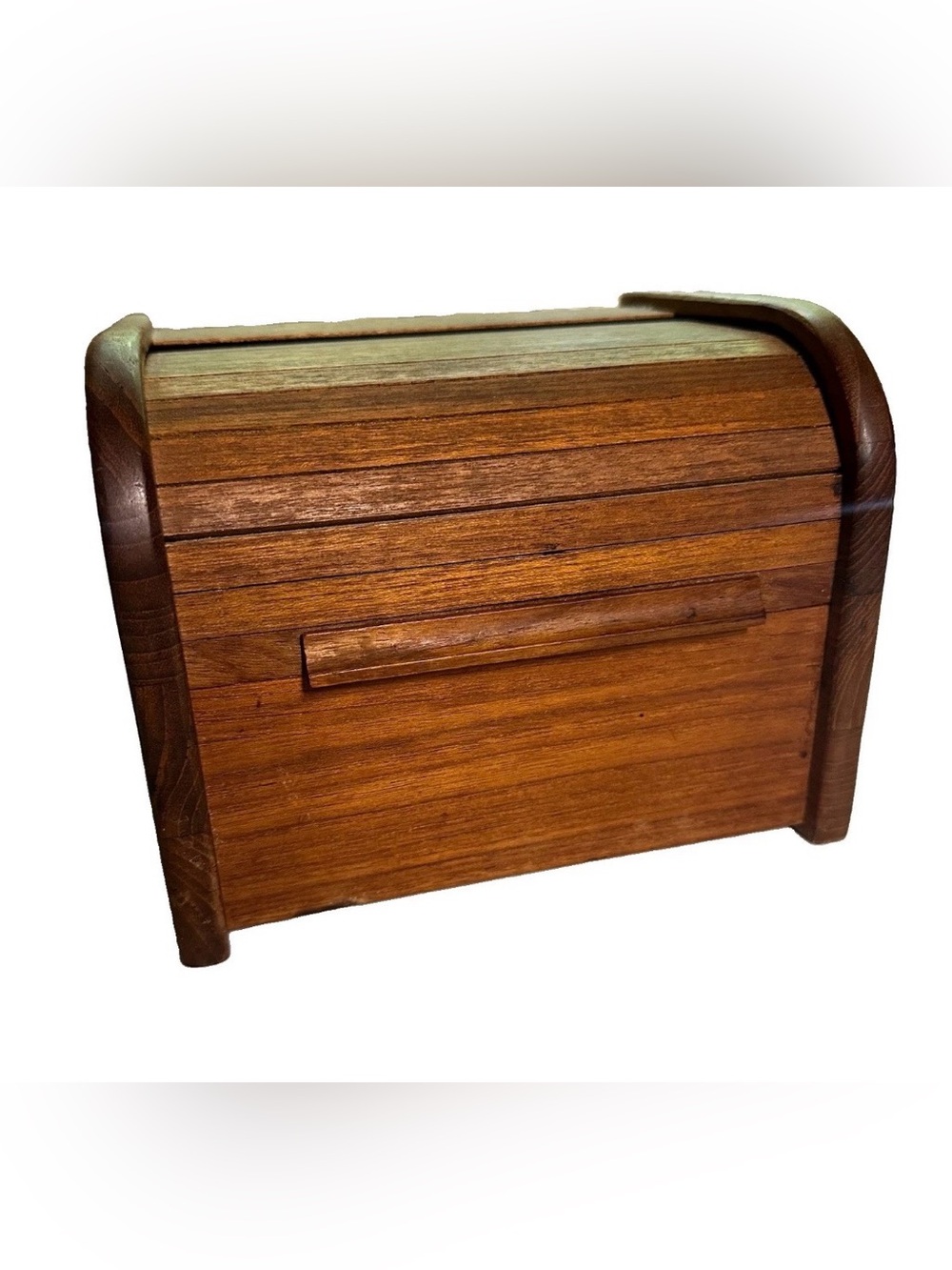 Vintage Teak Wood Tambour Roll Top Recipe Storage Box Kitchen Home Decor